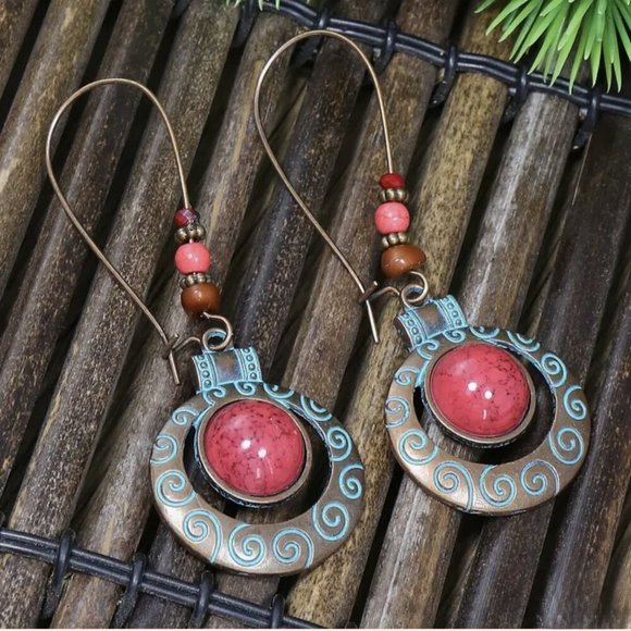 Hand Crafted Jewelry - NEW Aberdine Handmade Boho Red and Blue Copper Beaded Drop Earrings
